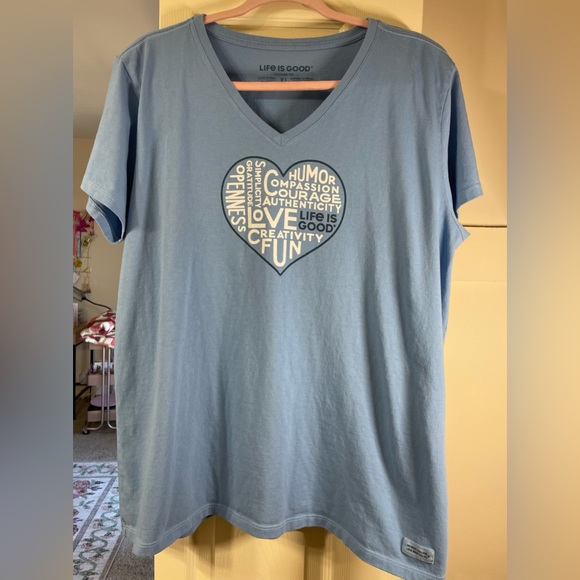 Life Is Good Tops - Life Is Good Blue Short Sleeve V-Neck Tee with Heart Word Art